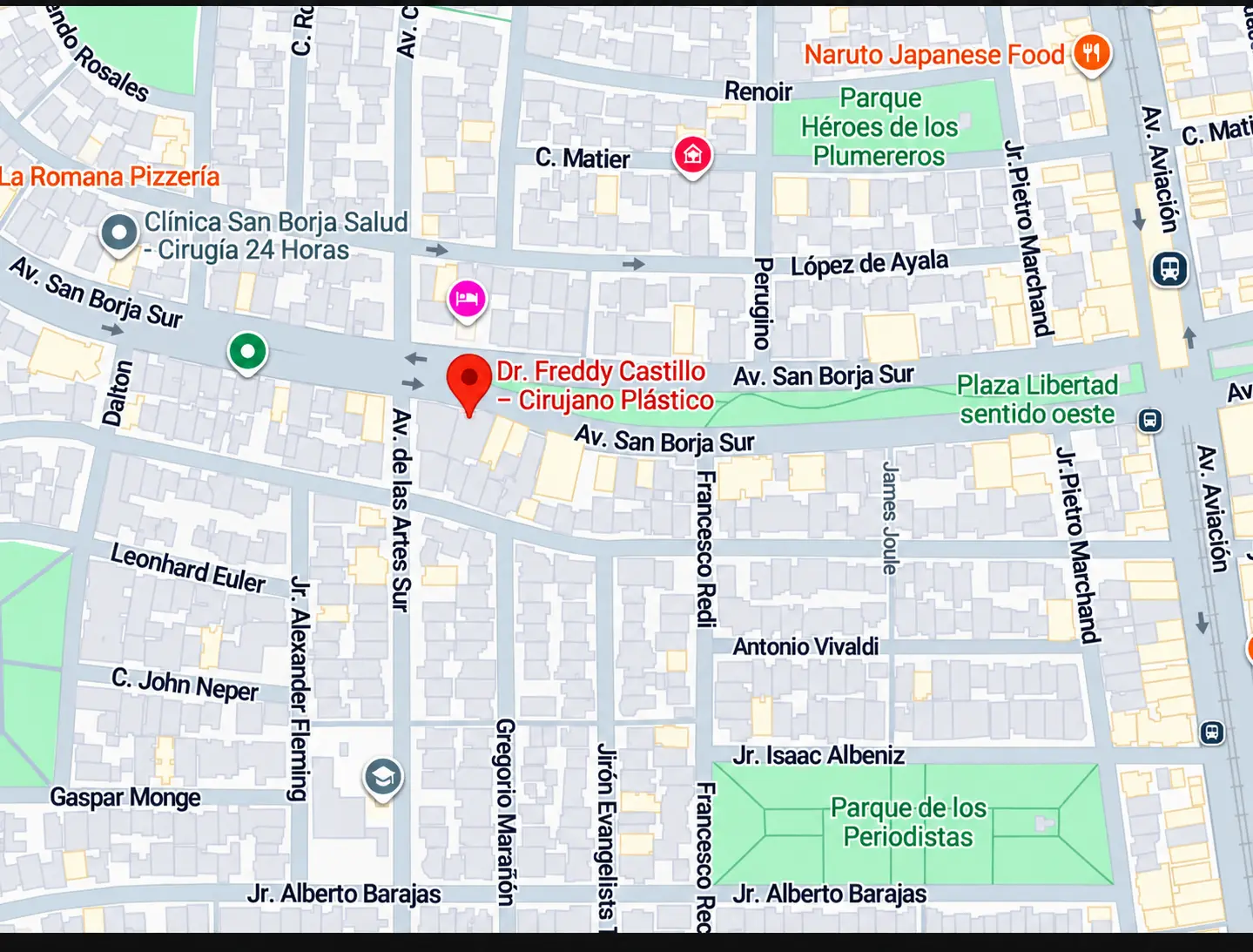 Croquis de ubicación de la clínica de cirugía plástica del Dr. Freddy Castillo en Av. San Borja Sur 416, San Borja, Lima