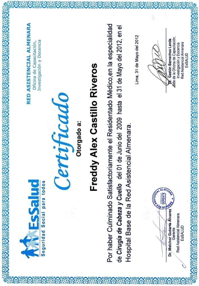 Certificación de Especialidad: Cabeza y Cuello del Dr. Freddy Castillo