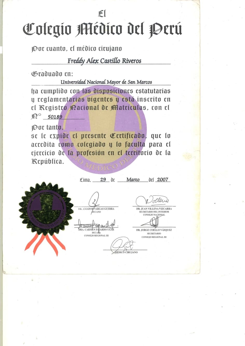 Colegio Médico del Perú – Médico Cirujano del Dr. Freddy Castillo