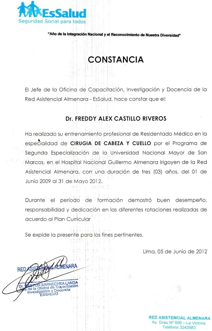 Constancia de Residentado: Cabeza y Cuello del Dr. Freddy Castillo