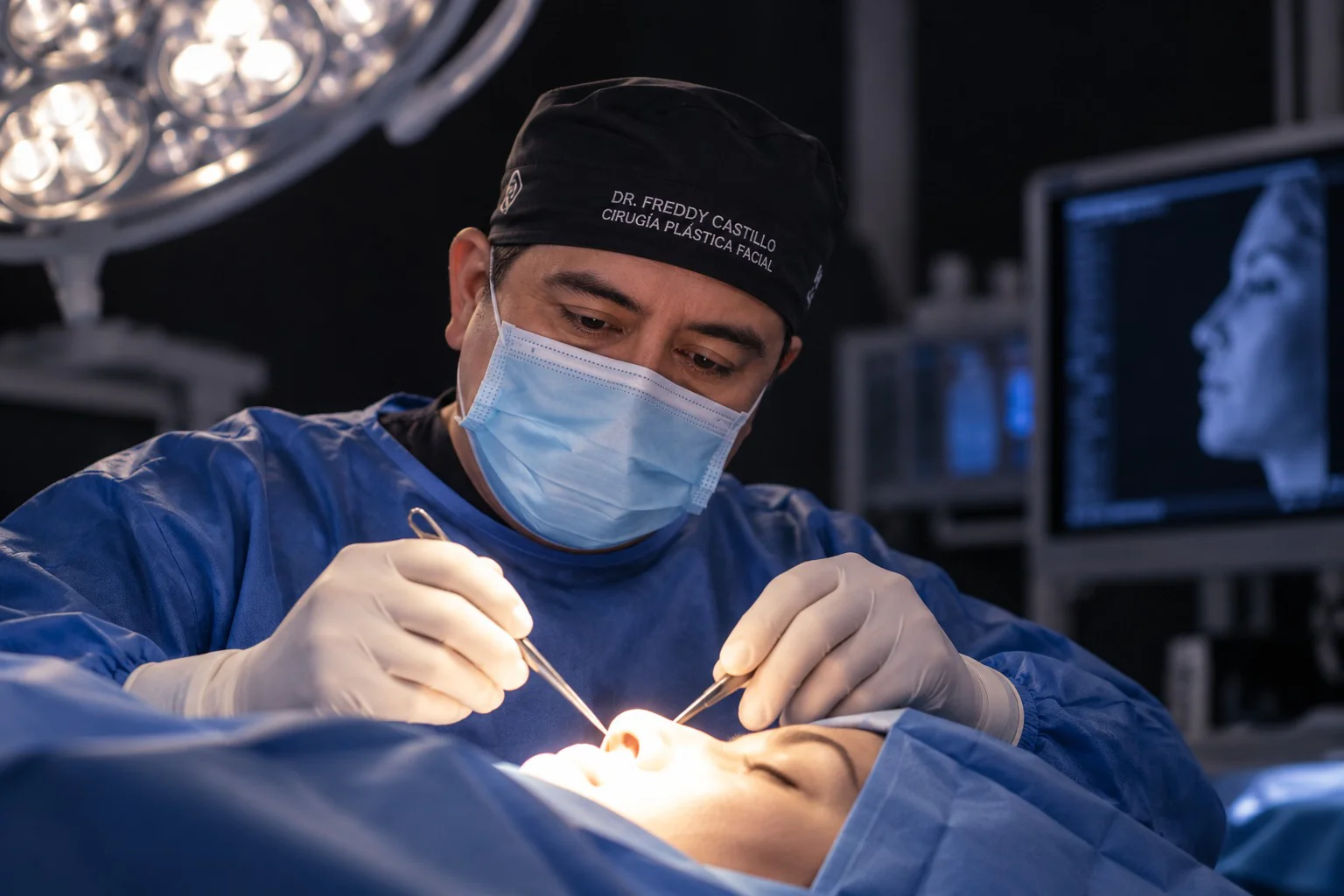 Dr. Freddy Castillo realizando una cirugía facial en quirófano